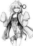  1girl absurdres american_flag american_flag_print covered_navel denim denim_skirt flag_print headgear highleg highleg_one-piece_swimsuit highres japanese_clothes jinbei_(clothes) kantai_collection medium_hair monochrome one-piece_swimsuit print_skirt skirt sleeves_past_wrists smile solo super_highleg swimsuit tsuji_kazuho two-tone_one-piece_swimsuit wahoo_(kancolle) 