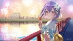  1girl bridge candied_fruit commentary_request fireworks flower hair_flower hair_ornament hanabi_(mobile_legends) highres houchi_shoujo japanese_clothes kimono looking_at_viewer purple_hair red_eyes river scenery short_hair skyline smile solo standing upper_body yukata yushima 