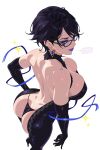  1girl ass back bayonetta bayonetta_(series) bayonetta_2 black_hair blue_eyes bodysuit breasts cam_the_art_guy commentary earrings english_commentary glasses highres jewelry large_breasts lips lipstick long_hair looking_at_viewer makeup mole mole_under_mouth short_hair smile solo underwear 