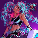  1girl :d arms_at_sides bare_arms bare_shoulders belt black_belt black_gloves black_jacket black_pants blue_hair breasts collarbone collared_jacket commentary cookie_run cookie_run:_kingdom cowboy_shot crop_top cropped_jacket curly_hair dark-skinned_female dark_skin earrings english_commentary eyepatch fangs fingerless_gloves food-themed_hair_ornament gloves gun hair_behind_ear hair_ornament holding holding_gun holding_weapon humanization jacket jewelry long_hair looking_ahead midriff multicolored_hair navel nijuuni official_art_inset one_eye_covered pants pink_eyes pink_hair pink_lips purple_background reference_inset scar scar_across_eye scar_on_arm scar_on_face simple_background sleeveless sleeveless_jacket small_breasts smile solo sparkle standing star_(symbol) star_earrings star_print streaked_hair teeth twintails twitter_username twizzly_gummy_cookie two-tone_hair very_long_hair weapon 