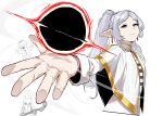  1boy 1girl 2girls :3 absurdres ai-generated_art_(topic) ash_baby_(meme) black_hole breasts capelet commentary earrings elf english_commentary fern fern_(sousou_no_frieren) frieren green_eyes highres jewelry long_hair mage_arena meme multiple_girls pointy_ears simple_background small_breasts smug soolee040995 sousou_no_frieren stark_(sousou_no_frieren) white_capelet white_hair 