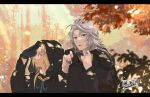  2boys azumi0aikawa black_border black_nails black_robe blonde_hair blue_eyes border commentary_request earrings feather_hair_ornament feathers final_fantasy final_fantasy_ix grey_hair hair_ornament hair_over_shoulder hood hood_down hooded_robe jewelry kuja letterboxed low_ponytail male_focus multiple_boys nail_polish parted_bangs parted_lips ponytail robe upper_body zidane_tribal 