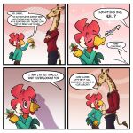  anthro avian balls bird chicken clothing comic digital_media_(artwork) duo english_text erection galliform genitals giraffe giraffid hi_res male male/male mammal nude penis phasianid simple_background smile text zaryuzu_73 