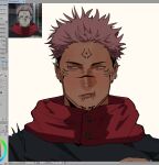  1boy :t alternate_skin_color anime_screenshot_inset art_program_in_frame black_jacket bridge_piercing closed_mouth color_wheel crew_cut ear_piercing extra_eyes eyebrow_piercing face_piercing facial_tattoo film_grain forehead_tattoo furrowed_brow hood hood_down jacket jujutsu_kaisen jujutsu_tech_uniform labret_piercing male_focus photoshop_(medium) piercing pink_hair plug_(piercing) portrait red_eyes red_hood ryoumen_sukuna_(jujutsu_kaisen) scowl screenshot_inset short_hair sideways_glance snakebite_(piercing) solo spiked_ear_piercing tan tattoo to_0fu white_background 