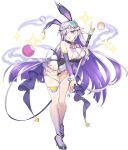  1girl animal_ear_hairband animal_ears artemis_(legend_clover) artist_request bare_shoulders breasts cleavage colored_inner_hair covered_navel crescent_moon detached_sleeves fake_animal_ears four-pointed_star full_body game_cg groin hairband high_heels highres holding holding_staff legend_clover moon multicolored_hair official_alternate_costume official_art purple_eyes purple_hair rabbit_ear_hairband rabbit_ears sideboob solo staff third-party_source transparent_background 