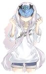  1girl bike_shorts breasts commentary_request extra_attack_shirt fate/grand_order fate_(series) hood hooded_sweater long_hair long_sleeves mask melusine_(fate) sidelocks small_breasts solo sweater thighs white_hair white_sweater yubeshi_(zecxl) 