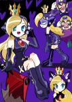  1girl 2boys absurdres blonde_hair boots crown dress elbow_gloves fangs gloves hat highres long_hair looking_at_viewer mario_(series) multiple_boys open_mouth overalls purple_boots purple_dress purple_gloves purple_hat purple_overalls purple_shirt rakugaki_shitagari-ya shirt skin_fangs smile very_long_hair waluigi wario warupeach white_gloves yellow_shirt 