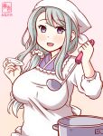  1girl alternate_costume apron artist_logo bandana breasts commentary_request cooking_pot dated hair_ornament hair_over_shoulder hair_scrunchie holding holding_saucer japanese_clothes kanon_(kurogane_knights) kantai_collection kappougi kimono ladle logo long_sleeves looking_at_viewer medium_breasts pink_background purple_eyes purple_kimono sagiri_(kancolle) saucer scrunchie smile solo white_bandana 