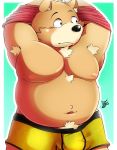  2018 anthro armpit_hair belly black_nose blush brown_fur bulge clothed clothing fur male mammal moobs navel nipples open_shirt overweight overweight_male shirt simple_background solo takkusk underwear ursine 