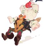  2boys abs animal_ears bara bare_pectorals belt biceps blank_eyes boots broom broom_riding brown_boots brown_eyes brown_hair candy coat commentary english_commentary food furry furry_male green_pants halloween halloween_bucket halloween_costume hat highres holding holding_unworn_clothes holding_unworn_hat large_pectorals male_focus mouse_boy multiple_boys muscular muscular_male nipples notched_ear open_clothes open_coat original pants pawpads pectorals pumpkin_hat purple_pants rabbit_boy rabbit_ears shorts simple_background star_(symbol) star_print thick_arms thick_eyebrows torn_clothes torn_shorts two-tone_pants uleez unworn_hat unworn_headwear veins veiny_arms whiskers white_background witch witch_hat 