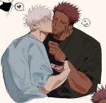  2boys alternate_costume alternate_skin_color arm_tattoo black_shirt blue_shirt bridge_piercing cellphone closed_eyes closed_mouth colored_eyelashes commentary crew_cut cropped_torso curled_fingers english_commentary eyebrow_cut face_piercing facial_tattoo hand_up hashtag-only_commentary heart highres holding holding_phone jewelry jujutsu_kaisen kiss kissing_cheek male_focus multiple_boys oversized_clothes oversized_shirt phone piercing pink_hair playing_games plug_(piercing) ring ryoumen_sukuna_(jujutsu_kaisen) shirt short_hair sketch smartphone snakebite_(piercing) spoken_heart spoken_sweatdrop sweatdrop t-shirt tan tattoo to_0fu white_background white_eyelashes white_hair yaoi 