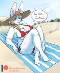  beach bikini breasts butt clothing fan_character female hair hair_bun hi_res lagomorph leporid mammal overweight pinup pose rabbit seaside slightly_chubby solo summer swimwear 