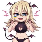  1girl :d bat_wings black_panties blonde_hair blue_eyes breasts cat_ear_panties claw_pose clothing_cutout demon_girl demon_horns demon_tail demon_wings fangs halterneck heart_cutout henna_(hentaiukr) hentaiukr horns korzynka_persykiv long_hair looking_at_viewer navel non-web_source open_mouth panties simple_background smile solo tail ukrainian_flag underwear white_background wings 