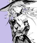  1girl arm_behind_back ben-day_dots breasts commentary cowboy_shot dated_commentary detached_sleeves facing_to_the_side hair_ribbon hat herta_(honkai:_star_rail) highres honkai:_star_rail honkai_(series) jewelry key key_necklace necklace otimusyairoha parted_lips purple_eyes purple_ribbon ribbon screentones sideways_glance simple_background small_breasts solo spot_color the_herta_(honkai:_star_rail) twitter_username witch_hat 