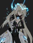  absurdres android battle_damage bodysuit broken_wires code:_sariel_(elsword) damaged dark_background eirlys_els elsword eve_(elsword) expressionless glowing glowing_eye hair_intakes highres long_hair one_eye_covered robot simple_background slouching sparks white_hair wire yellow_eyes 