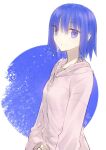  1girl blue_eyes blue_hair breasts ciel_(tsukihime) commentary_request hood hooded_sweater long_sleeves looking_at_viewer medium_breasts pink_sweater short_hair solo sweater tsukihime yubeshi_(zecxl) 