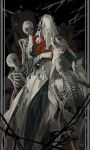  1boy black_background blue_coat charon_(reverse:1999) coat commentary covered_face dog_tags english_commentary feet_out_of_frame flower gloves hand_up highres holding holding_dog_tags holding_notebook male_focus notebook poppy_(flower) red_flower reverse:1999 skeleton skull solo veil white_gloves white_veil zzzzzz 