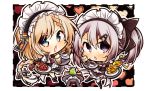  2girls 7:08 9a-91_(girls_frontline) apron bangs black_footwear blonde_hair blue_eyes blush braid butter chibi coffee coffee_cup cross-laced_clothes cup dinergate_(girls_frontline) disposable_cup drink eyebrows_visible_through_hair eyes_visible_through_hair food g36_(girls_frontline) girls_frontline hair_between_eyes heart highres long_hair looking_at_viewer maid maid_apron maid_headdress mug multiple_girls necktie open_mouth pancake pie ponytail red_neckwear sidelocks silver_hair thighhighs tray very_long_hair white_legwear 