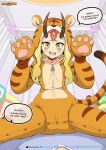 absurd_res blonde_hair clean_diaper clothed clothing crib demon diaper diaper_under_clothing english_text female hair hi_res horn humanoid kuma-dasai looking_at_viewer pajamas paws playful rawr solo_focus text tiger_costume wearing_diaper zipper