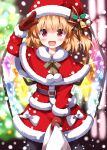  1girl :d arm_up belt black_belt blonde_hair blurry blurry_background blush bow bowtie brown_bow brown_bowtie capelet christmas commentary_request completion_time cowboy_shot crystal_wings dot_nose dress dress_bow flandre_scarlet fur-trimmed_capelet fur-trimmed_dress fur-trimmed_headwear fur-trimmed_sleeves fur_trim gloves hat highres holding holding_sack long_sleeves looking_at_viewer medium_hair multicolored_wings open_mouth pantyhose red_capelet red_dress red_eyes red_gloves red_hat ruu_(tksymkw) sack santa_costume santa_dress santa_hat smile solo touhou white_bow wings 