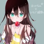  1girl alternate_hairstyle aoiro_0w0 blue_eyes collarbone commentary_request cream ears food food_in_mouth fruit hair_between_eyes hololive jacket long_hair looking_at_viewer natsuiro_matsuri portrait simple_background solo strawberry translation_request virtual_youtuber 