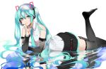  1girl black_skirt finger_to_mouth hatsune_miku headphones lying meriko on_stomach reflection skirt solo thighhighs twintails vocaloid 
