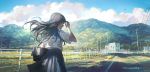  1girl arm_up bag bird black_bag black_hair black_skirt blue_sky building cloud cloudy_sky commentary_request cowboy_shot day fence floating_hair from_behind highres long_hair mountain nagakura_(seven_walkers) original outdoors pleated_skirt power_lines road scenery school_bag school_uniform serafuku shirt short_sleeves skirt sky solo white_shirt wind 