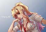  1girl blonde_hair blue_eyes breasts close-up cosplay gradient gradient_background hand_to_head head_tilt highres long_hair looking_at_viewer macross macross_frontier medium_breasts necktie open_clothes open_shirt ponytail ryu_(masu_nantoka-san) saotome_alto saotome_alto_(cosplay) sheryl_nome sideboob solo 
