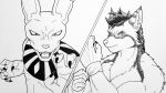  16:9 2020 anthro beerus claws clothed clothing domestic_cat dragon_ball dragon_ball_super dragon_ball_z duo ear_piercing felid feline felis fur hair hairless hairless_cat hi_res looking_at_viewer male mammal monochrome open_mouth piercing prismanoodle_(artist) simple_background sphynx_(cat) tongue traditional_media_(artwork) white_background widescreen 