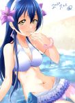  1girl bangs bikini bikini_skirt blue_hair bracelet finger_to_mouth flower hair_between_eyes hibiscus highres jewelry long_hair looking_at_viewer love_live! love_live!_school_idol_project marine_day nail_polish natsuiro_egao_de_1_2_jump! partially_submerged smile solo sonoda_umi swept_bangs swimsuit urutsu_sahari water yellow_eyes 