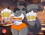  alcohol anthro beer beverage big_breasts blush bottomwear bouncing_breasts breasts cleavage clothed clothing cup detailed_background english_text female hooters huge_breasts mammal mastergodai motion_lines open_mouth procyonid raccoon shorts solo striped_tail stripes text wide_hips 