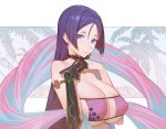  1girl armlet bangs bare_shoulders bikini breasts choker cleavage collarbone commentary english_commentary eyepatch_bikini fate/grand_order fate_(series) hks_(timbougami) large_breasts long_hair looking_at_viewer minamoto_no_raikou_(fate/grand_order) minamoto_no_raikou_(swimsuit_lancer)_(fate) parted_bangs purple_bikini purple_eyes purple_hair solo swimsuit very_long_hair 