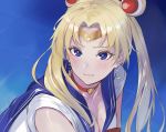  1girl absurdres bangs bishoujo_senshi_sailor_moon blonde_hair blue_background blue_eyes blue_sailor_collar blush bow breasts choker circlet cleavage clenched_teeth collarbone commentary crescent crescent_earrings derivative_work devildogs diadem earrings eyebrows_visible_through_hair from_side hair_bobbles hair_ornament hair_over_shoulder heart heart_choker highres jewelry long_hair looking_away medium_breasts meme mole mole_on_breast parted_bangs red_bow red_choker sailor_collar sailor_moon sailor_moon_redraw_challenge sailor_senshi sailor_senshi_uniform screencap_redraw shiny shiny_hair shirt short_sleeves solo teeth tile_floor tiles tsukino_usagi tsurime twintails twitter_username upper_body white_shirt 
