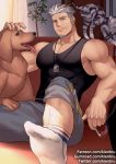  1boy abs animal bara black_tank_top cat chest cigarette dog facial_hair goatee green_hair gyee jewelry kienbiu male_focus manly miles_(gyee) muscle necklace nipples pectorals shirtless short_hair sideburns socks tank_top thick_thighs thighs upper_body 