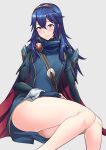  1girl ameno_(a_meno0) bare_legs blue_eyes blue_hair blush breasts cape fingerless_gloves fire_emblem fire_emblem_awakening gloves hair_between_eyes long_hair looking_at_viewer lucina_(fire_emblem) simple_background sitting small_breasts solo tiara 