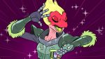  16:9 amphibia_(series) amphibian anthro armor blonde_hair female grey_armor hair hatebit meme pink_body plate_armor salamander_(amphibian) simple_background soldier_uniform solo sparkles widescreen yunnan 