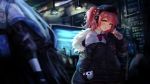  2girls beret candy food girls_frontline hat izumi_roka lollipop looking_at_viewer mp7_(girls_frontline) multiple_girls off-shoulder_jacket red_hair red_nails side_ponytail solo_focus thunder_(girls_frontline) 