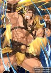  1boy abs bara brown_hair bulge chest chest_harness facial_hair fighting_stance goatee hercules_(tokyo_houkago_summoners) kienbiu male_focus manly muscle nipples pectorals revealing_clothes shirtless short_hair sideburns solo thick_thighs thighs tokyo_houkago_summoners upper_body 