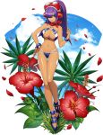  1girl android bangs bikini blunt_bangs bracelet breasts capcom cloud flower full_body hair_over_one_eye hand_on_hip headset high_ponytail highres hime_cut jewelry large_breasts layer_(rockman) long_hair looking_at_viewer mizuno_keisuke mole mole_under_eye official_art ponytail purple_hair rockman rockman_x rockman_x_dive scarf sky smile solo summer swimsuit transparent_background 
