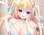  aqua_eyes blonde_hair blush breasts cleavage close cropped dengeki_moeoh fang long_hair original ribbons shiwasu_horio twintails 