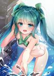  1girl aqua_eyes aqua_hair bangs blurry blurry_foreground blush bow breasts depth_of_field eyebrows_visible_through_hair hair_bow hatsune_miku highres long_hair looking_at_viewer one-piece_swimsuit open_mouth small_breasts solo splashing standing striped striped_bow swimsuit twintails vocaloid water yan_(nicknikg) 