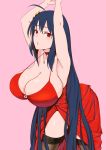  1girl ahoge arms_up artist_request azur_lane bangs black_hair black_legwear breasts choker cleavage cocktail_dress crossed_bangs dress hair_ornament highres huge_breasts long_hair looking_at_viewer no_bra parted_lips pink_background red_choker red_dress red_eyes spaghetti_strap taihou_(azur_lane) taihou_(forbidden_feast)_(azur_lane) very_long_hair 