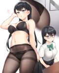  1girl :o arm_at_side ass bangs bare_arms black_bra black_hair black_legwear black_panties black_skirt blue_eyes blush bow bowtie bra breasts cleavage collared_shirt commentary_request crotch_seam dress_shirt from_below glasses hand_in_hair hand_up holding holding_clothes large_breasts long_hair looking_at_viewer multiple_views navel original p!nta panties panties_under_pantyhose pantyhose pleated_skirt red-framed_eyewear school_uniform shirt shirt_tucked_in short_sleeves sitting skirt stomach thighband_pantyhose translation_request underwear underwear_only white_background white_shirt 
