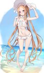  1girl abigail_williams_(fate/grand_order) abigail_williams_(swimsuit_foreigner)_(fate) bangs bare_shoulders barefoot bikini blonde_hair blue_eyes blue_sky blush bonnet bow braid breasts fate/grand_order fate_(series) forehead full_body hair_bow hair_rings highres legs long_hair looking_at_viewer miniskirt navel ocean open_mouth parted_bangs sherryqq shore sidelocks skirt sky small_breasts swimsuit twin_braids twintails very_long_hair white_bikini white_bow white_headwear 