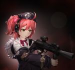  1girl absurdres ahoge beret candy food girls_frontline gun h&amp;k_mp7 hat headset highres holding holding_gun holding_weapon kyuyou_chara lollipop medium_hair mp7_(girls_frontline) off-shoulder_jacket red_hair red_nails solo submachine_gun weapon yellow_eyes 
