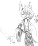  anthro asian_clothing cartoonmeat clothing ear_piercing ear_ring east_asian_clothing female hi_res holding_object holding_weapon japanese_clothing kimono mammal melee_weapon monochrome nidge out-of-placers piercing samurai solo sword warrior weapon webcomic yinglet 