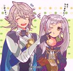  1boy 1girl angry armor bangs blush brown_eyes cheek_poking cloak closed_eyes corrin_(fire_emblem) corrin_(fire_emblem)_(male) fire_emblem fire_emblem_fates fire_emblem_heroes gloves highres hood hood_down hoodie kiriya_(552260) manakete nintendo open_mouth poking pout robin_(fire_emblem) robin_(fire_emblem)_(female) short_twintails sweatdrop twintails white_hair 