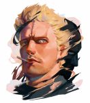  1boy blonde_hair blue_eyes boku_no_hero_academia bubaigawara_jin cigarette cropped_shoulders facial_hair frown highres jinhallz looking_at_viewer male_focus multiple_persona portrait short_hair simple_background smoking stubble upper_body white_background 