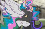  2020 ambiguous_gender anthro big_breasts big_butt blush breasts butt clothed clothing cutie_mark detailed_background digital_media_(artwork) duo equid equine eyebrows eyelashes fan_character female female/ambiguous fingers friendship_is_magic hasbro horn huge_breasts legwear mammal mastergodai my_little_pony princess_celestia_(mlp) thigh_highs thong underwear unicorn winged_unicorn wings 