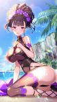  1girl :d arm_support ass backlighting bangs bare_shoulders beach blush breasts brown_hair commentary commentary_request day eyebrows_visible_through_hair fate/grand_order fate_(series) hand_on_own_chest highres huge_breasts murasaki_shikibu_(fate) murasaki_shikibu_(swimsuit_rider)_(fate) open_mouth palm_tree purple_eyes sakura_tsubame smile solo swimsuit tree water 